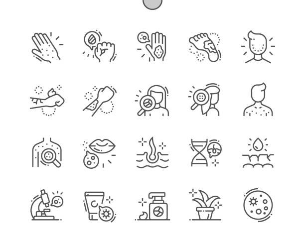 ilustraciones, imágenes clip art, dibujos animados e iconos de stock de dermatología bien elaborado pixel perfect vector thin line icons 30 2x cuadrícula para gráficos web y aplicaciones. pictograma mínimo simple - physical injury