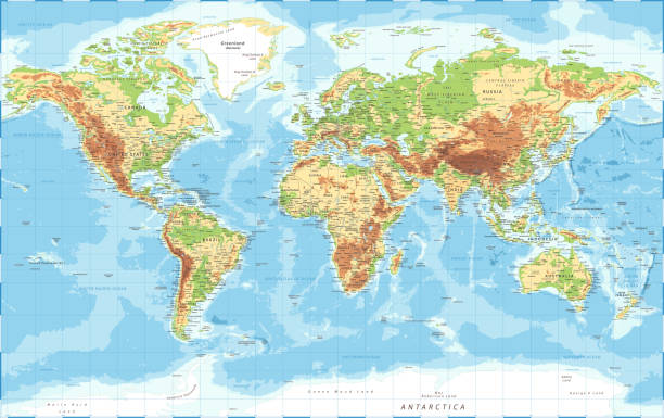 World Map - Physical Topographic - Vector Detailed Illustration World Map Physical Topographic - Vector Detailed Illustration relief map stock illustrations