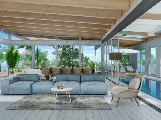 istock Modern Living Room And Dining Room With Swimming Pool 1193955352