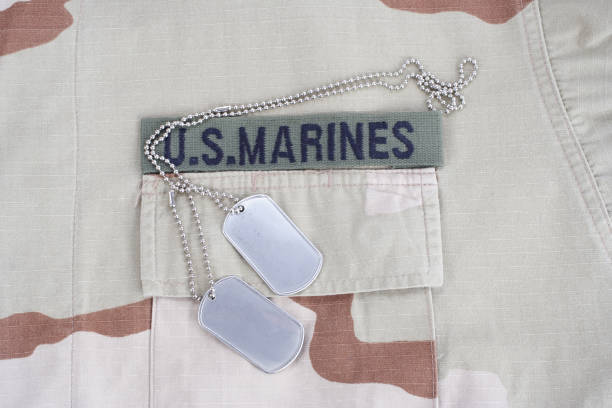 istock US MARINES branch tape with dog tags on desert camouflage uniform 1193956484