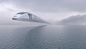 Futuristic train flies over the surface of the water on an air route. Flying transport of the future. Environmentally friendly technology. Conceptual creative illustration. Copy space. 3D rendering.