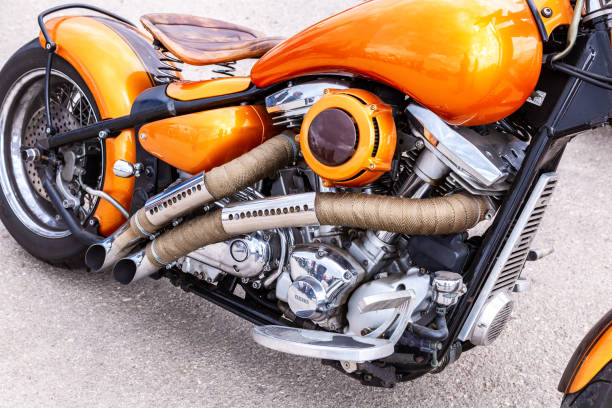 Samara, Russia - May 18, 2019: Engine and fuel tank of a motorcycle close-up