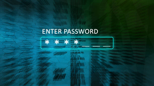 istock Enter password concept screen with a password box and asterisks. Abstract blurred background blue with green. 1193962084