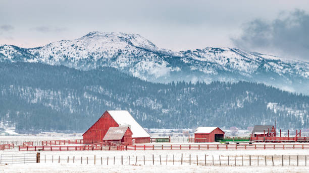 istock Idaho farm with red barn in winter with a tree covered mountain 1193962904