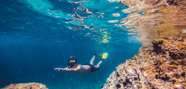 istock Men snorkeling by the reef 1193964345