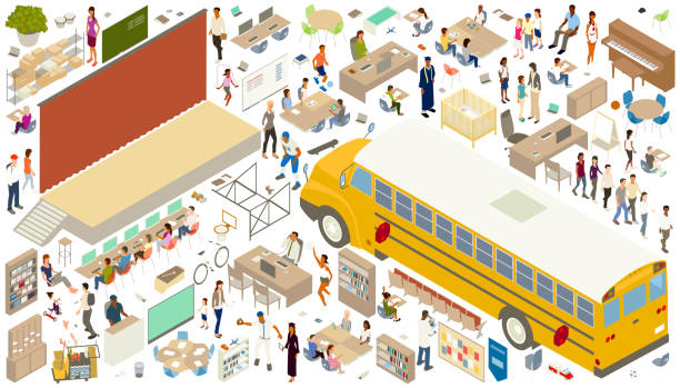 Isometric education icons Isometric education icons include smart board, blackboard/chalkboard, whiteboard, classroom desks, chairs, bookshelves, bulletin board, and other assorted furniture. A piano, xylophone, drums, basketball backboard and hoop, easel, toys, soccer ball, basketball,  faculty desks, laptops, books, and papers are also shown. Teachers, a principal, a security guard, and a custodian represent faculty, while students of all ages are seen interacting with computers, tablets, and test papers, or kicking a ball, or jumping rope. Some are dressed for football, baseball, cheerleading, science lab, and graduation. For transportation, the sticker sheet includes a bicycle, skateboard, scooter, and school bus. A stage for performances is also included. school principal stock illustrations