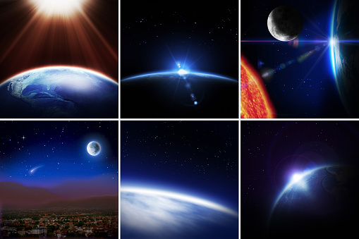 Collection of Planet Earth, Moon and Sun in Space.\nElements of this image furnished by NASA.