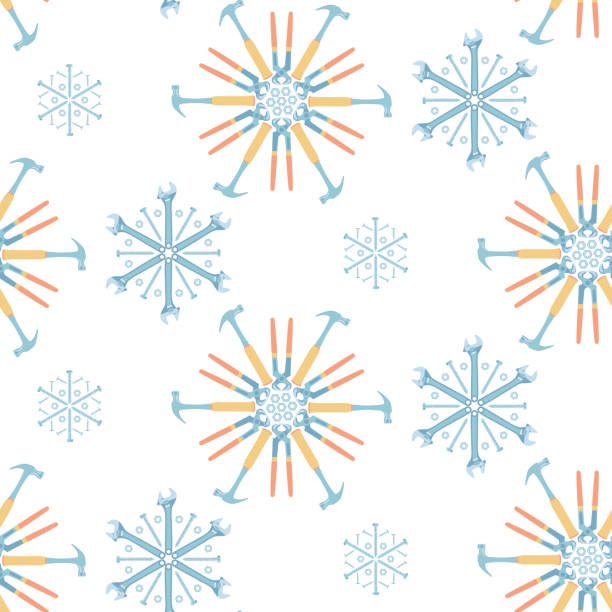 Christmas seamless pattern of tools and fasteners laid out in the shape of snowflakes. Vector background. vector art illustration
