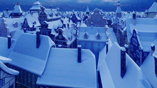 Flying over a small ancient snowy night town. The Concept Of Winter. 3D Rendering