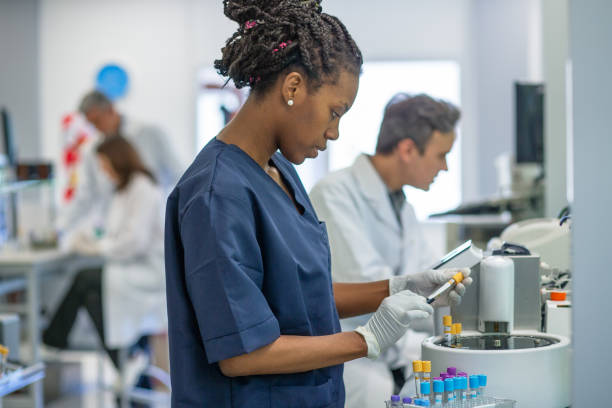 afrikanische labortechnikerin verarbeitet blutproben - immunologie stock-fotos und bilder