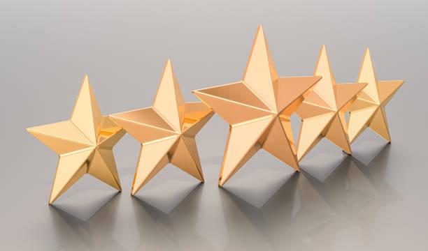 istock 5 golden stars on metallic backdrop, 3D rendering 1193976082