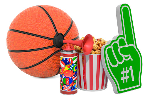 Basketball fan supporters accessories, concept. Fan glove, air horn and popcorn container. 3D rendering isolated on white background