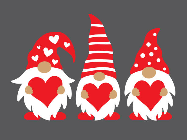 illustrazioni stock, clip art, cartoni animati e icone di tendenza di valentine gnomes holding hearts vector illustration. - gnomo