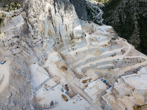 High mountain stone and marble quarries in the Apennines in Tuscany,  Carrara Italy. Open marble mining.