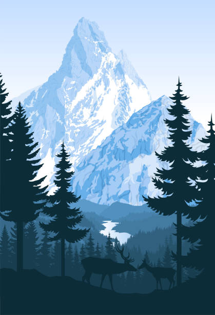 vector mountains with river and couple of white tailed deers vector mountains with river and couple of white tailed deers k2 mountain panorama stock illustrations