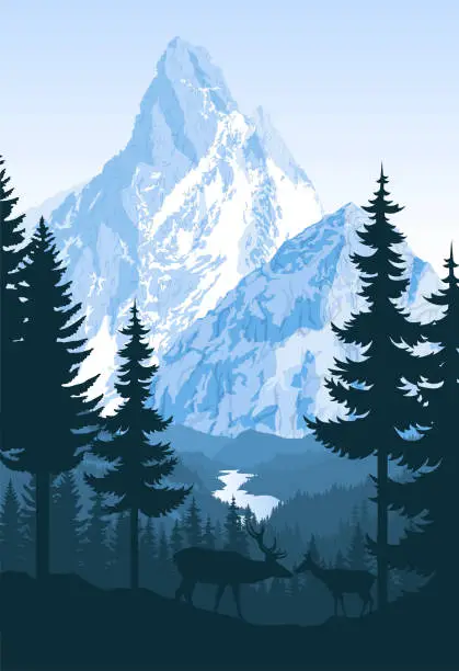 Vector illustration of vector mountains with river and couple of white tailed deers