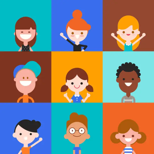 Vector illustration of Happy kids character in flat design style isolated on colorful background. Diversity children portrait avatar cartoon vector illustration.