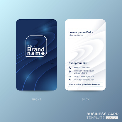 Vertical business card design with abstract nature blue curved shape background