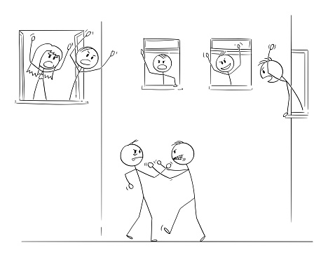 Vector cartoon stick figure drawing conceptual illustration of two angry men fighting or fistfighting on the street, people living in houses around are cheering from windows.