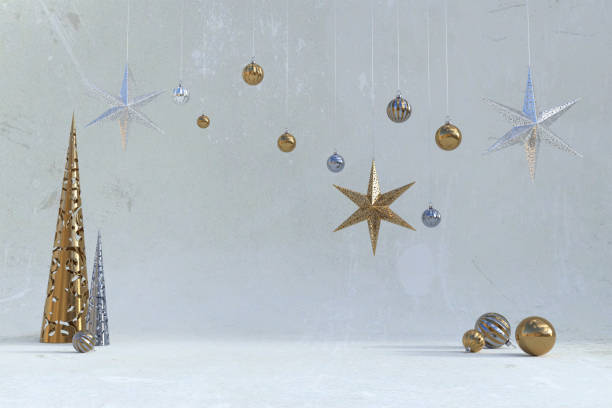 istock Christmas backdrop with hanging stars and cone trees, 3d render. 1193993359