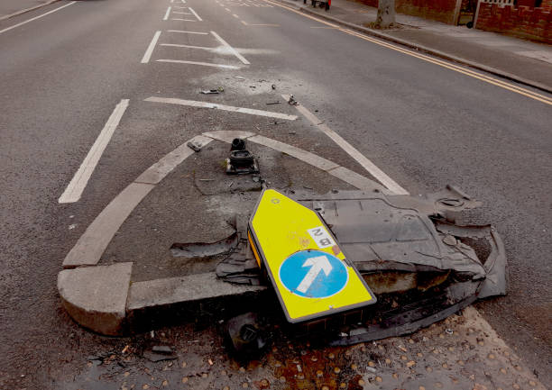 istock Traffic island after car crash 1193996412
