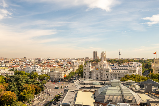Madrid / Spain - October 16, 2019: Aerial view of the beautiful Madrid cityscape, with historic and modern buildings in view.