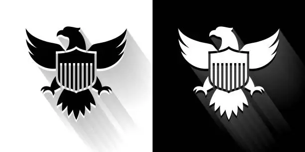 Vector illustration of American Eagle and Shield  Black and White Icon with Long Shadow