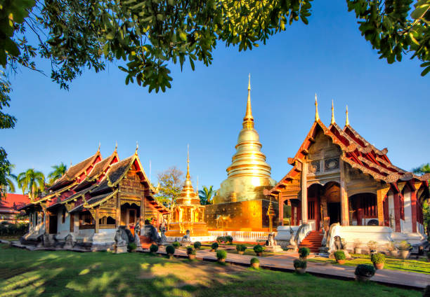 wat phra singh tempel, wahrzeichen von chiangmai, thailand - wat blue ancient old stock-fotos und bilder