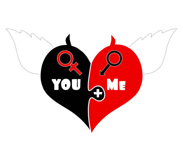 Puzzle Pieces Heart With Angel Wings, Devil Horns Puzzle Two Pieces Heart With Angel Wings, Devil Horns and Gender Signs Of Venus And Mars. You Plus Me. Isolated on White Background. Valentines Day Vector Illustration. Cute Cartoon Style Picture. clip art of a cupid free stock illustrations