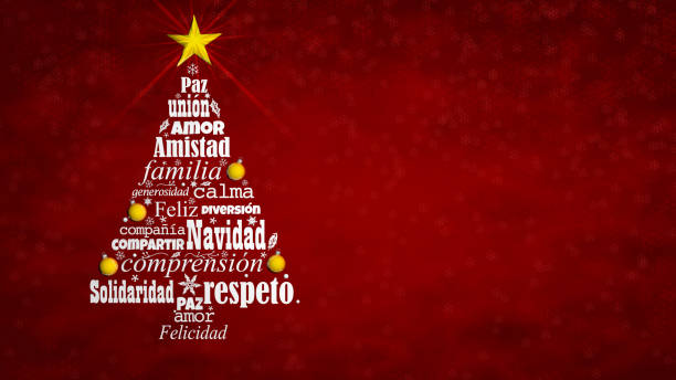 Feliz Navidad - Merry Christmas in Spanish language. Word cloud forming a Christmas tree with a bright star on the tip on a red background with snowflakes. 3D Illustration