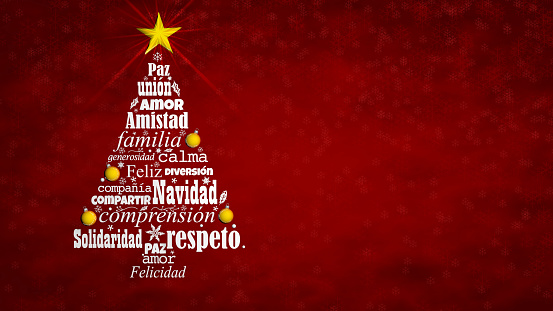 Greeting card of Feliz Navidad - Merry Christmas in Spanish language. Word cloud forming a Christmas tree with a bright star on the tip on a red background with snowflakes. 3D Illustration