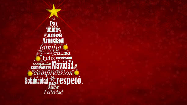 feliz navidad - wesołych świąt w języku hiszpańskim. chmura słów tworząca choinkę z jasną gwiazdą na czubku na czerwonym tle z płatkami śniegu. ilustracja 3d - navidad zdjęcia i obrazy z banku zdjęć