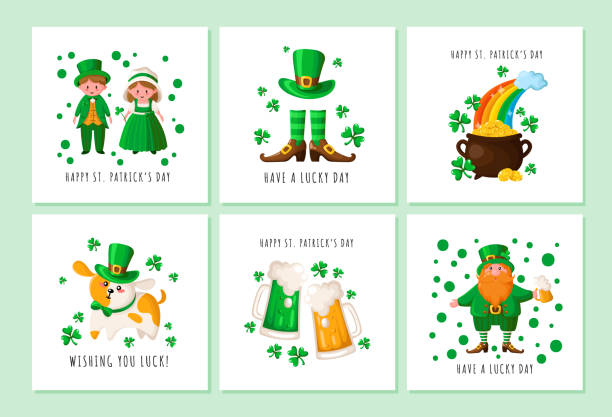 ilustraciones, imágenes clip art, dibujos animados e iconos de stock de dibujos animados del día de san patricio - st patricks day irish culture child leprechaun