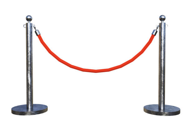 istock Red rope on silver poles isolated on white, 3d render. 1194023408