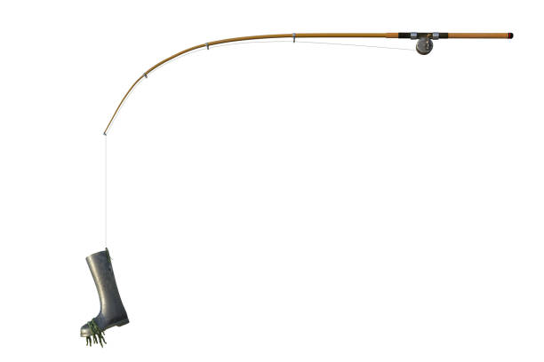istock Fishing rod with a gumboot on the hook isolated on white, 3d render. 1194023637