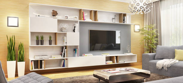 cabinet moderne de tv dans le salon moderne - tv wall unit photos et images de collection