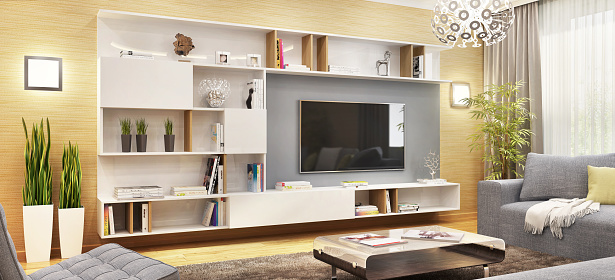 Modern tv cabinet in the modern living room in big house
