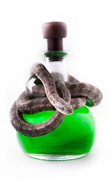 The bottle of poison twisted with a snake stock photo