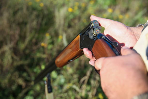 istock hunter holding a gun close up. a man’s hand loads a bullet in a gun 1194037167