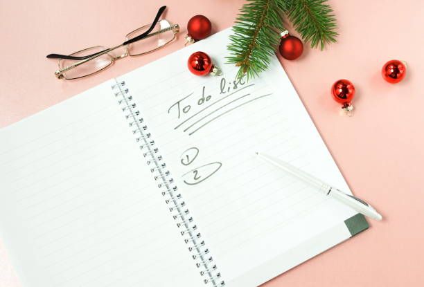 istock To do list background top view. Notebook, pen, glasses, Christmas tree with Xmas  decorations. Copy space 1194039962