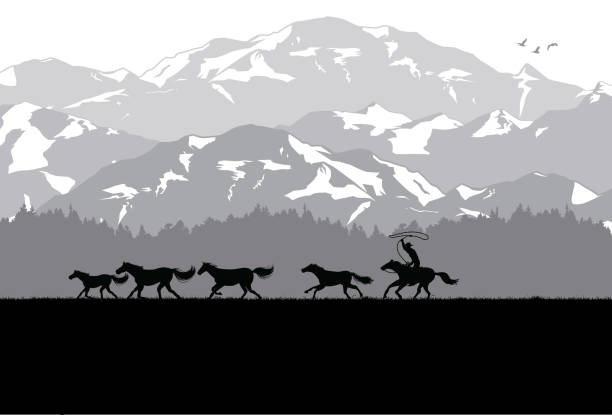 istock Silhouette of a cowboy chasing wild horses in desert, Vector 1194042059