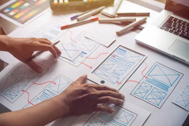 Photo of ux Graphic designer creative  sketch planning application process development prototype wireframe for web mobile phone . User experience concept.