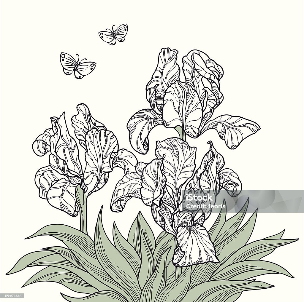 Fiori e farfalle line art - arte vettoriale royalty-free di Aiuola