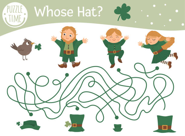 illustrations, cliparts, dessins animés et icônes de le labyrinthe de la saint-patrick pour les enfants. activité de vacances irlandaises préscolaires. jeu de printemps avec leprechaun mignon et fée. dont le puzzle du chapeau. - elf babies and children feelings and emotions holidays and celebrations