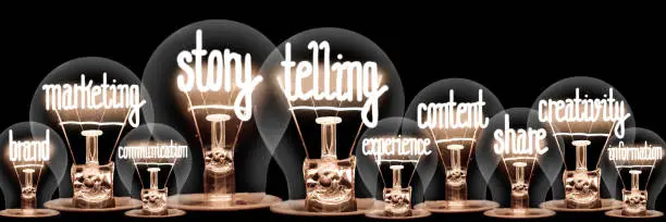Photo of light bulbs with shining fibers in shapes of Story Telling, Marketing, Content and Creativity concept related words isolated on black background