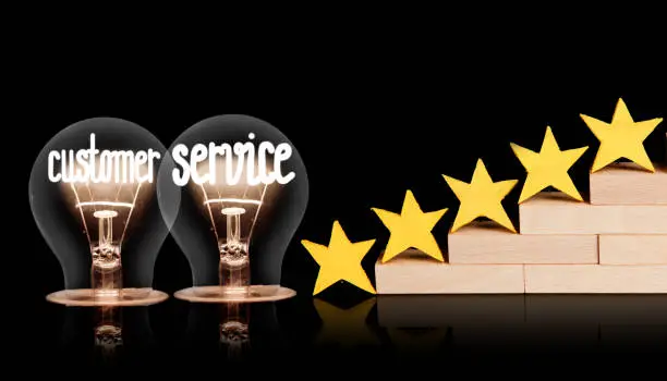 Photo of five yellow stars and light bulbs with shining fibers in a shape of Customer Service concept words isolated on black background.