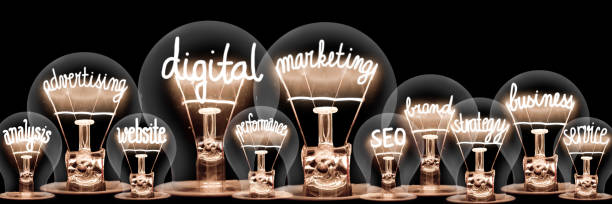 Light Bulbs Concept Photo of light bulbs with shining fibers in a shape of Digital Marketing, Website, SEO and Strategy concept related words isolated on black background marketing stock pictures, royalty-free photos & images