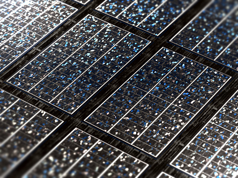 Primer plano en filas de pequeñas células solares futuristas hechas de la última tecnología avanzada photo