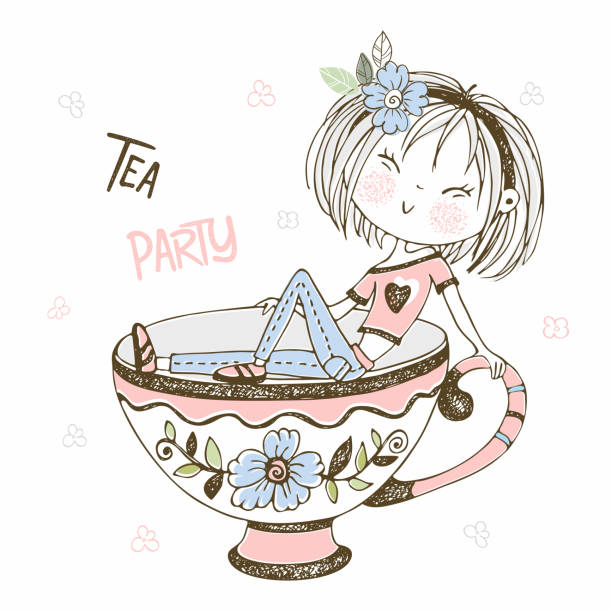 ilustrações, clipart, desenhos animados e ícones de menina bonito que bebe o chá. festa do chá. vetor. estilo doodle - party tea party tea child