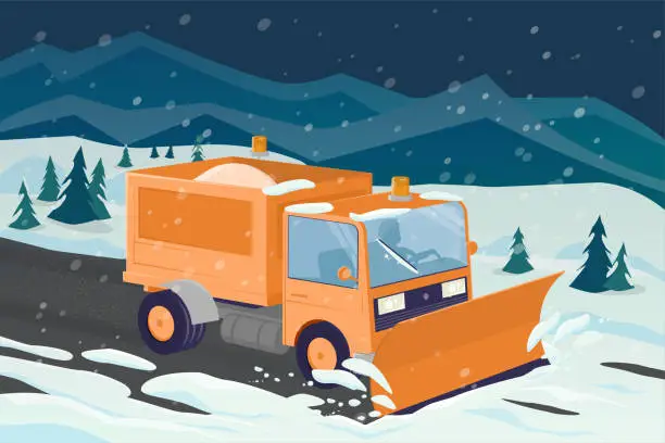 Vector illustration of cartoon illustration of a snow plow clearing the street